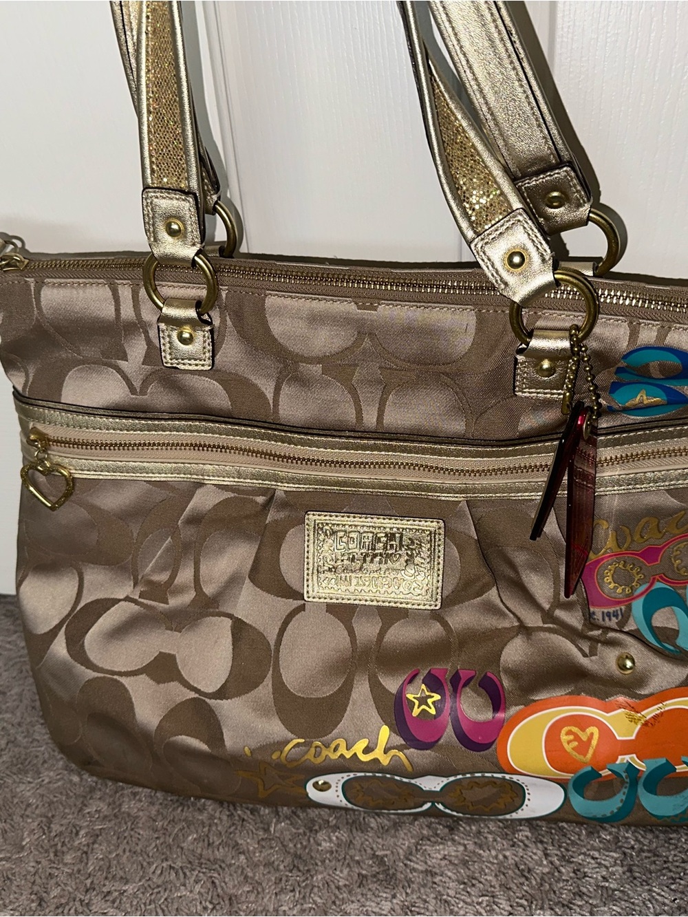 Coach Metallic Gold Signature Tote with Colorful Graphic Accents
